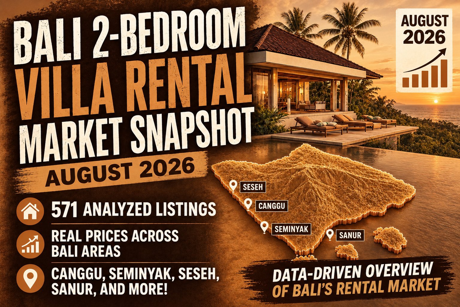 Bali 2-bedroom villa rental market snapshot August 2026 — 571 analyzed listings across Canggu, Seminyak, Seseh, Sanur and more